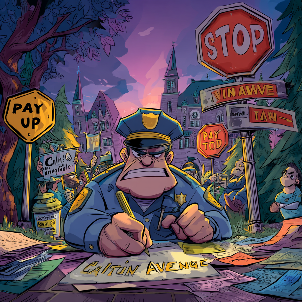 Cartoon police officer sitting at a desk writing a ticket with various signs in the background.