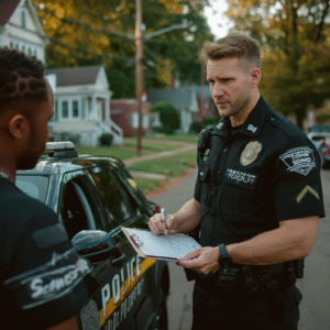 Police officer in uniform taking notes while speaking with an individual near a patrol car.