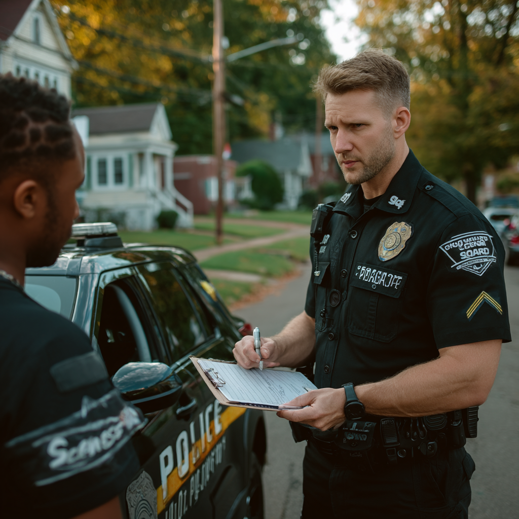 Police officer in uniform taking notes while speaking with an individual near a patrol car.