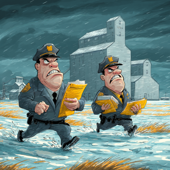 Two cartoon police officers running through snow while holding yellow papers in a winter setting.