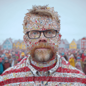 Waldo character with distinctive red and white striped shirt and glasses, surrounded by a crowd of illustrated faces.