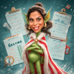 A cartoonish elf character with green skin and a red and white cape, smiling in front of papers and charts.
