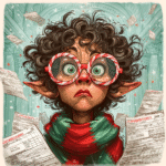 An elf character with curly hair and large candy cane glasses, surrounded by floating papers.