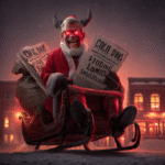 A character resembling Santa Claus with horns and sunglasses, sitting in a sleigh holding newspapers.