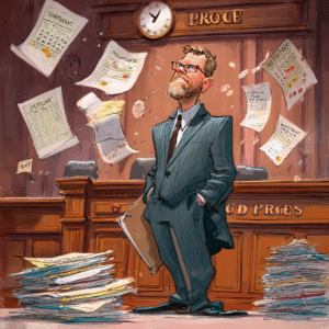 A cartoon depiction of a man in a suit standing in a courtroom surrounded by scattered papers and a clock on the wall.
