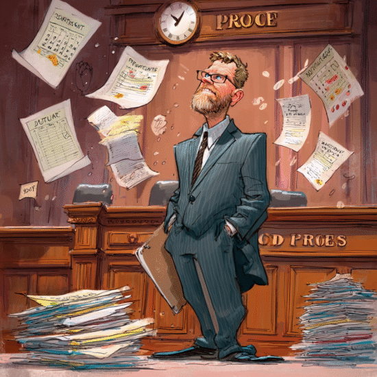 A cartoon depiction of a man in a suit standing in a courtroom surrounded by scattered papers and a clock on the wall.
