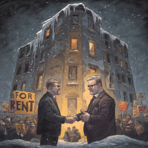 Two men shaking hands in front of a building with a 'For Rent' sign and a crowd holding protest signs.