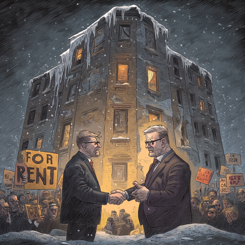 Two men shaking hands in front of a building with a 'For Rent' sign and a crowd holding protest signs.