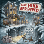 Cartoon illustration depicting a snowy winter scene with a tax hike theme and characters interacting.