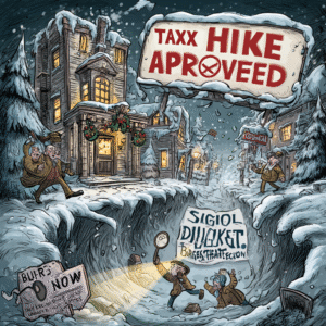 Cartoon illustration depicting a snowy winter scene with a tax hike theme and characters interacting.