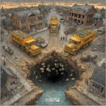 Two yellow trucks labeled 'Cash Only' delivering money to a large sinkhole in a rural area.