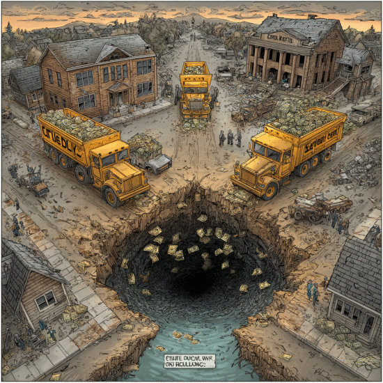 Two yellow trucks labeled 'Cash Only' delivering money to a large sinkhole in a rural area.