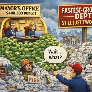 Cartoon illustration showing a mayor's office budget with two people working amidst piles of paperwork and snow.