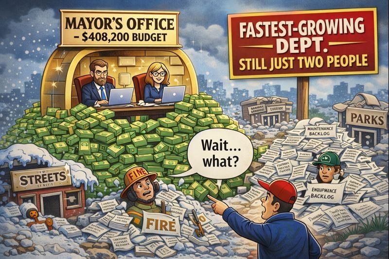 Cartoon illustration showing a mayor's office budget with two people working amidst piles of paperwork and snow.