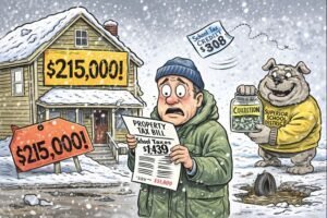 Cartoon illustration showing a man worried about a property tax bill with a dog holding a collection notice.
