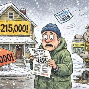 Cartoon illustration showing a man worried about a property tax bill with a dog holding a collection notice.