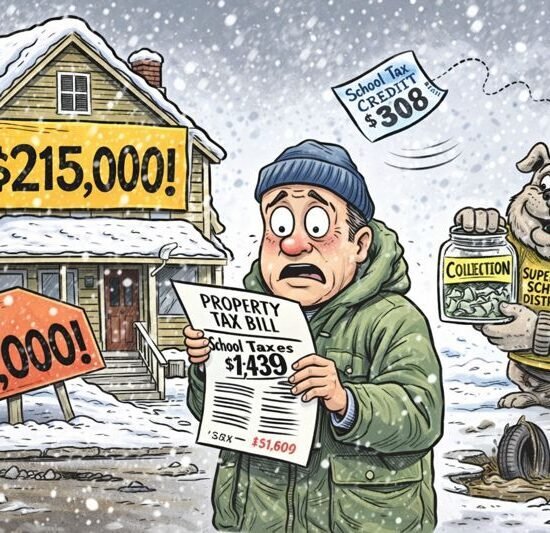 Cartoon illustration showing a man worried about a property tax bill with a dog holding a collection notice.