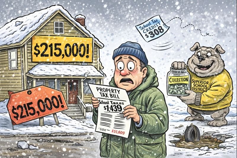 Cartoon illustration showing a man worried about a property tax bill with a dog holding a collection notice.