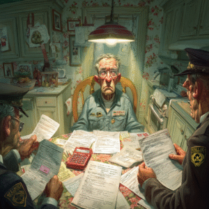 An elderly man sitting at a table cluttered with paperwork, looking distressed under a hanging light.