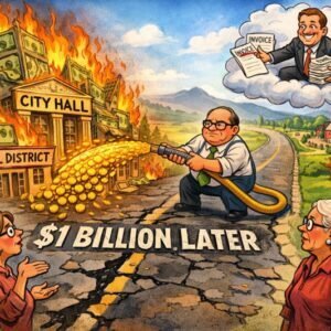 Cartoon depicting a man extinguishing flames at a burning city hall with money flowing from a hose.