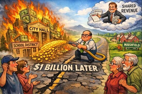 Cartoon depicting a man extinguishing flames at a burning city hall with money flowing from a hose.