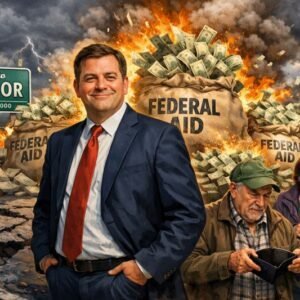 A man in a suit stands confidently in front of bags labeled 'Federal Aid' surrounded by a dramatic scene.