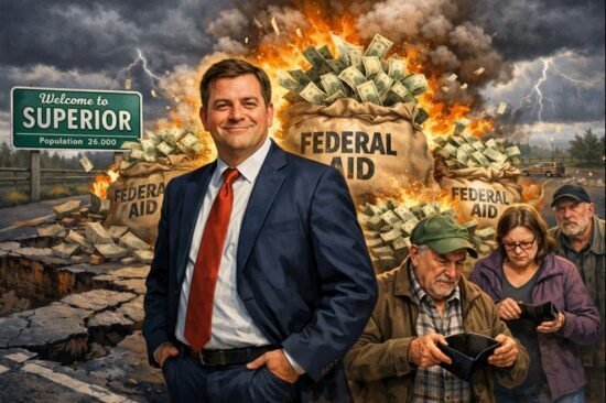 A man in a suit stands confidently in front of bags labeled 'Federal Aid' surrounded by a dramatic scene.