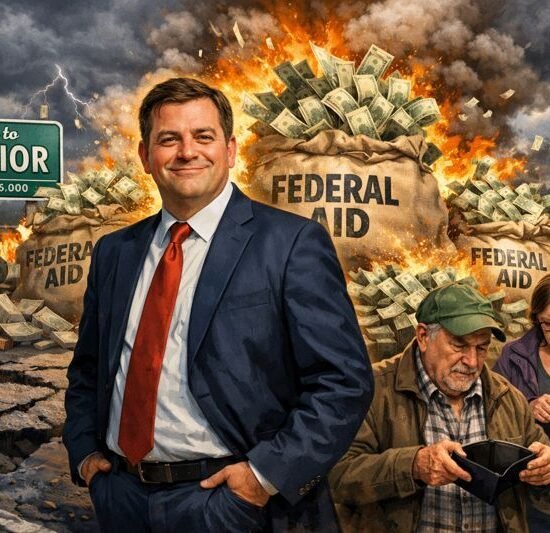 A man in a suit stands confidently in front of bags labeled 'Federal Aid' surrounded by a dramatic scene.