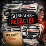Poster for the movie 50 Shades of Redacted featuring classified documents and a magnifying glass.