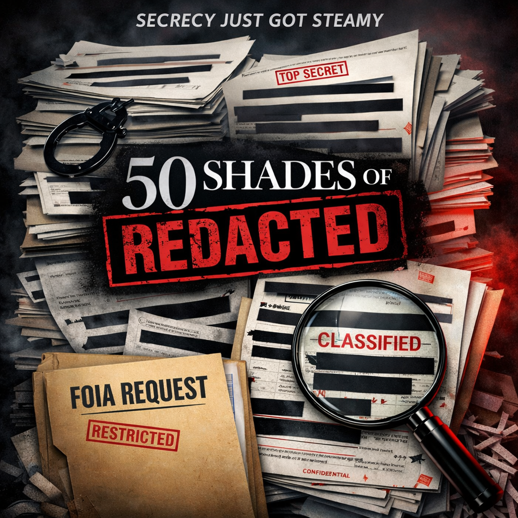 Poster for the movie 50 Shades of Redacted featuring classified documents and a magnifying glass.
