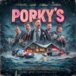 Movie poster for Porky's featuring multiple characters in a snowy setting with a cabin and police cars.