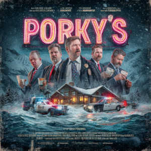 Movie poster for Porky's featuring multiple characters in a snowy setting with a cabin and police cars.