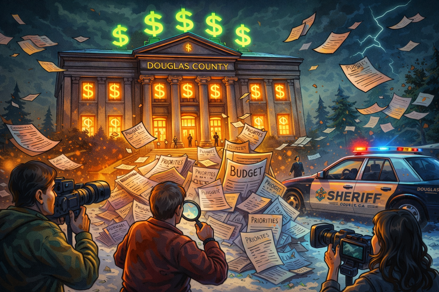 Illustration depicting Douglas County courthouse with dollar signs and scattered budget papers.