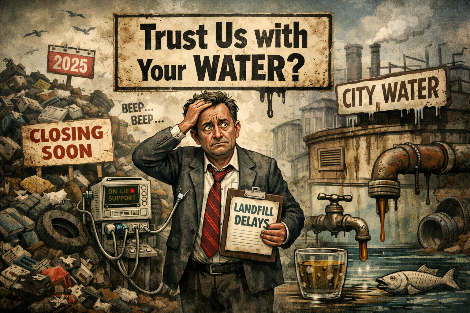 Illustration depicting a concerned man holding a clipboard with a glass of water and a polluted background.