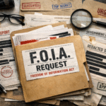 F.O.I.A. request folder surrounded by various classified and redacted documents on a desk.