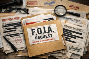 F.O.I.A. request folder surrounded by various classified and redacted documents on a desk.