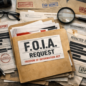 F.O.I.A. request folder surrounded by various classified and redacted documents on a desk.