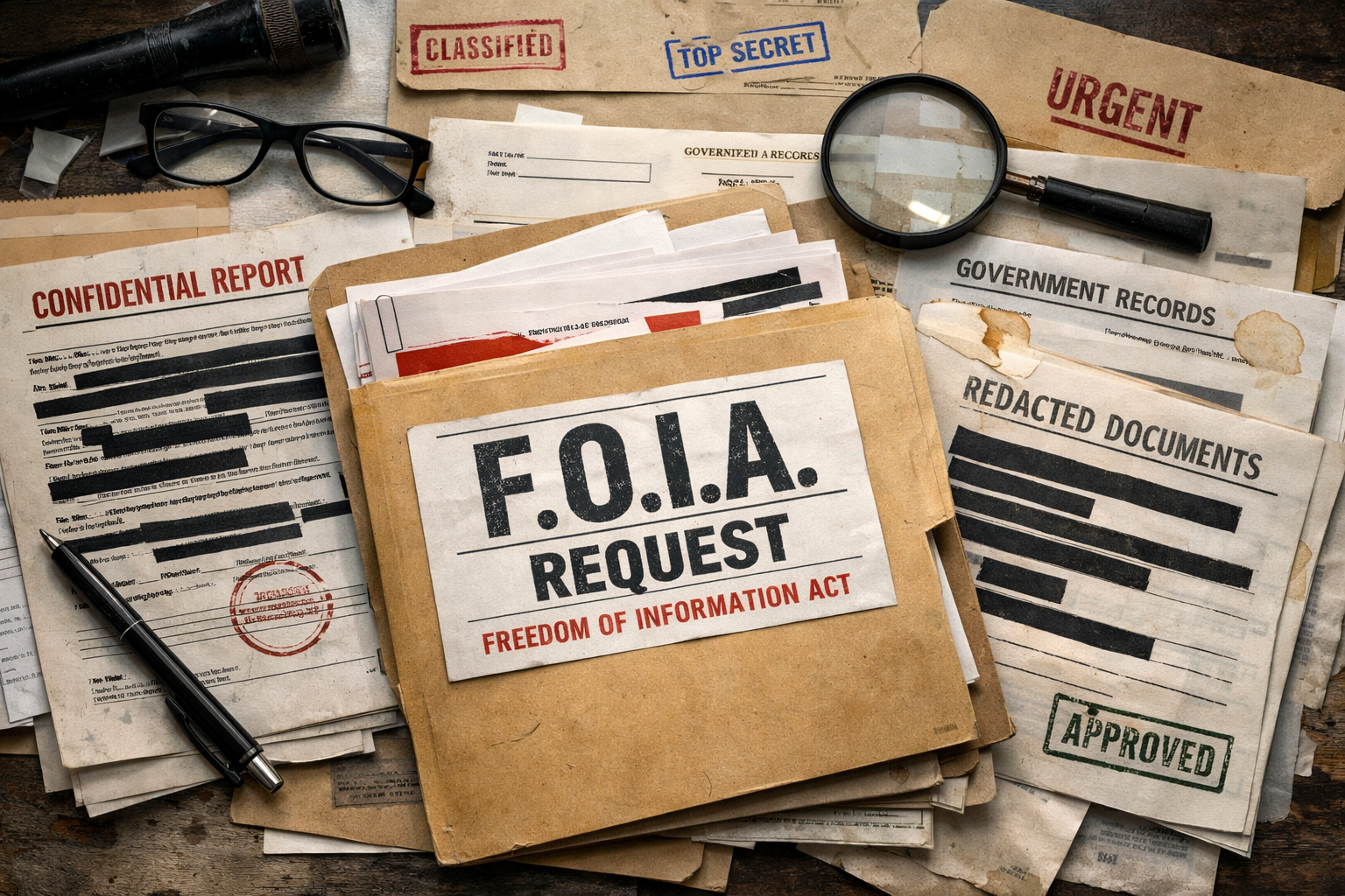 F.O.I.A. request folder surrounded by various classified and redacted documents on a desk.