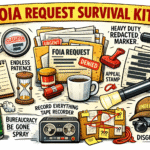Illustration of a FOIA Request Survival Kit including various tools like a document detector and tape recorder.
