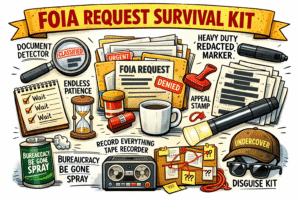 Illustration of a FOIA Request Survival Kit including various tools like a document detector and tape recorder.