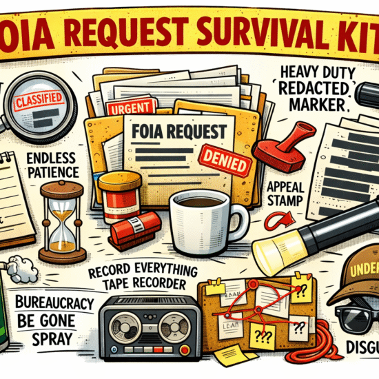 Illustration of a FOIA Request Survival Kit including various tools like a document detector and tape recorder.