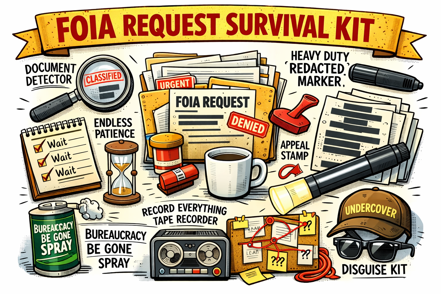 Illustration of a FOIA Request Survival Kit including various tools like a document detector and tape recorder.