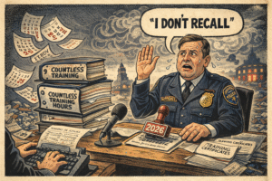 A police officer in uniform at a desk, stating 'I don't recall' with stacks of papers and training certificates around him.