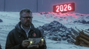 A man holding a warning sign in front of a digital display showing the year 2026.