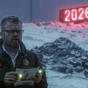 A man holding a warning sign in front of a digital display showing the year 2026.