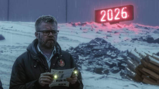 A man holding a warning sign in front of a digital display showing the year 2026.