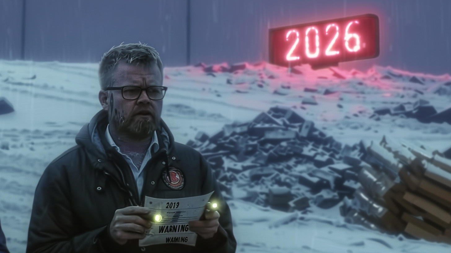 A man holding a warning sign in front of a digital display showing the year 2026.