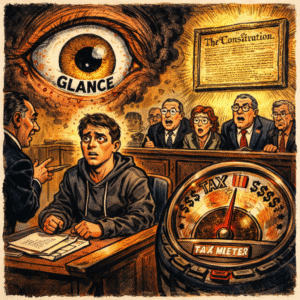 Illustration depicting a courtroom scene with a young man, a tax meter, and an eye symbolizing scrutiny.