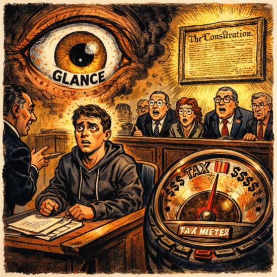 Illustration depicting a courtroom scene with a young man, a tax meter, and an eye symbolizing scrutiny.