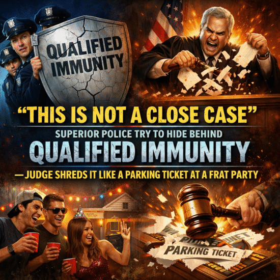 Illustration depicting the concept of qualified immunity with a judge and police officers in a courtroom setting.